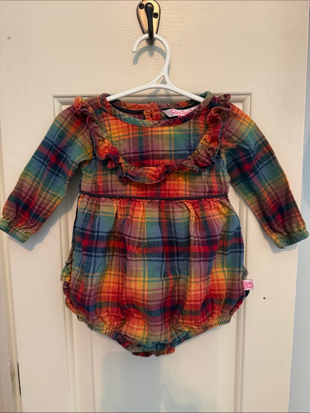 Ruffle Butts Storybook Rainbow Plaid Bubble Romper 6-12 months